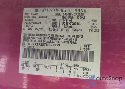 2000 Ford F-150 Work Series/Xl/Xlt z USA, uszkodzony, nr VIN 1FTZX1728YNB97353